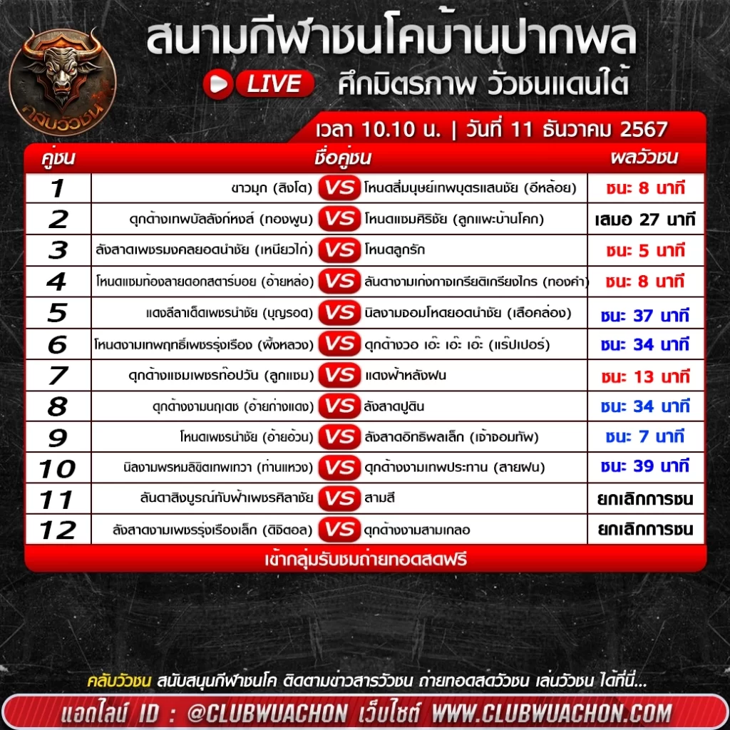 ผลวัวชน วันที่ 18 ธันวาคม 2567